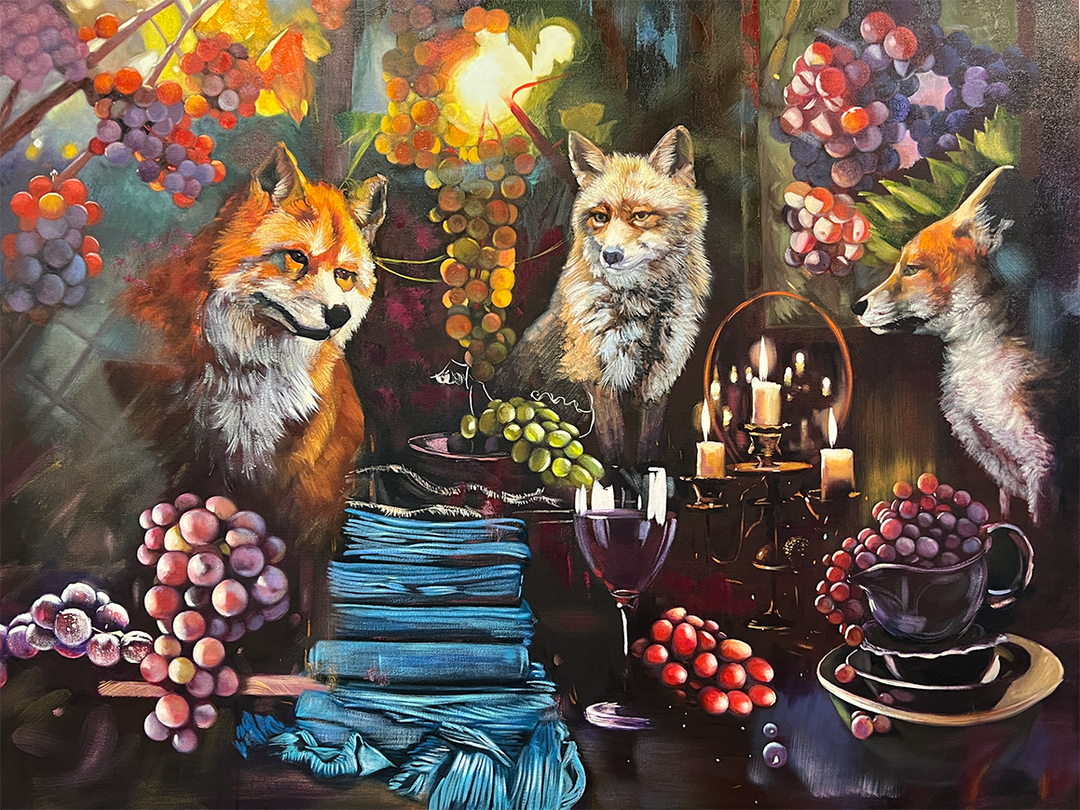 "Return to the Vineyard" - Original Oil Painting by Elli Milan. Still Life of grapes, wine, foxes and candles