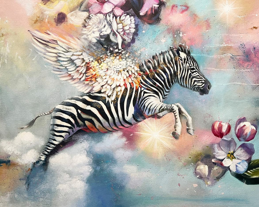 Elli's painting "Ambassador" depicting a flying zebra surrounded by clouds and flowers