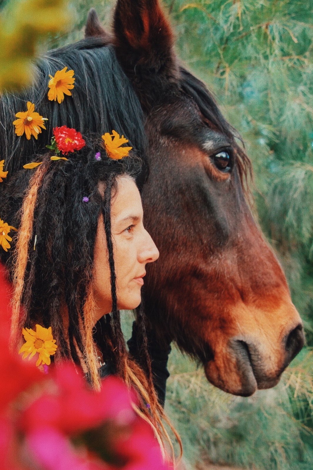 A woman with dreadlocks and flowers in her hair looks into the distance next to a horse