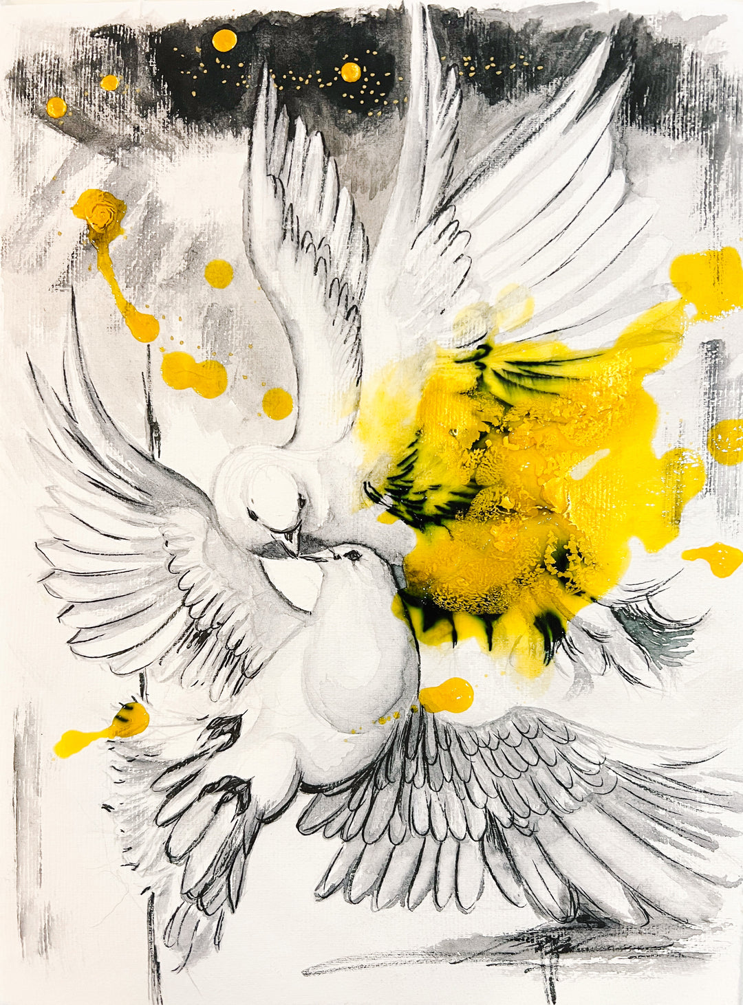 sketch of two doves with drips of yellow and black ink by artist Elli Milan