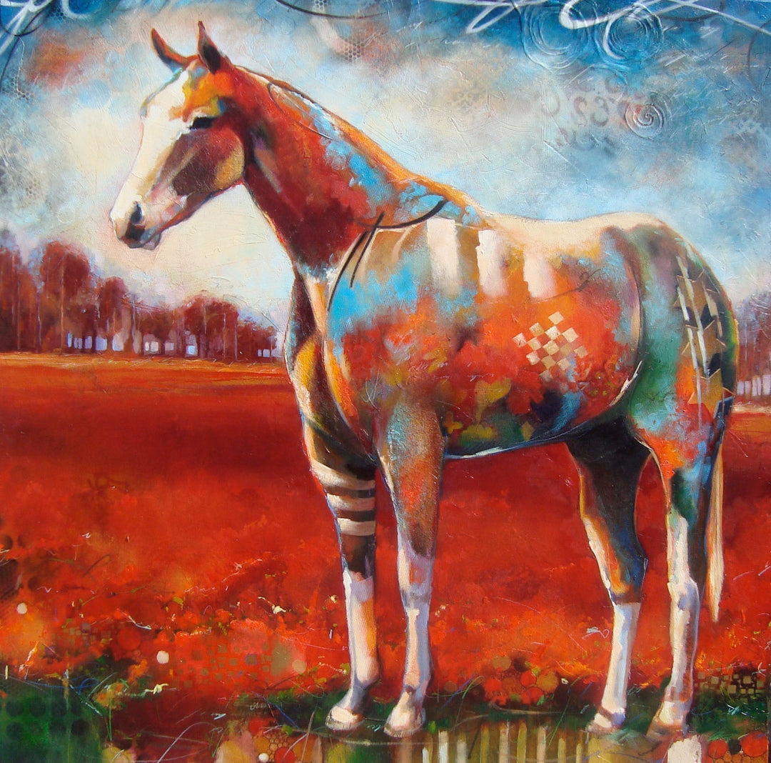 A colorful painting of a horse with many patterns embedded