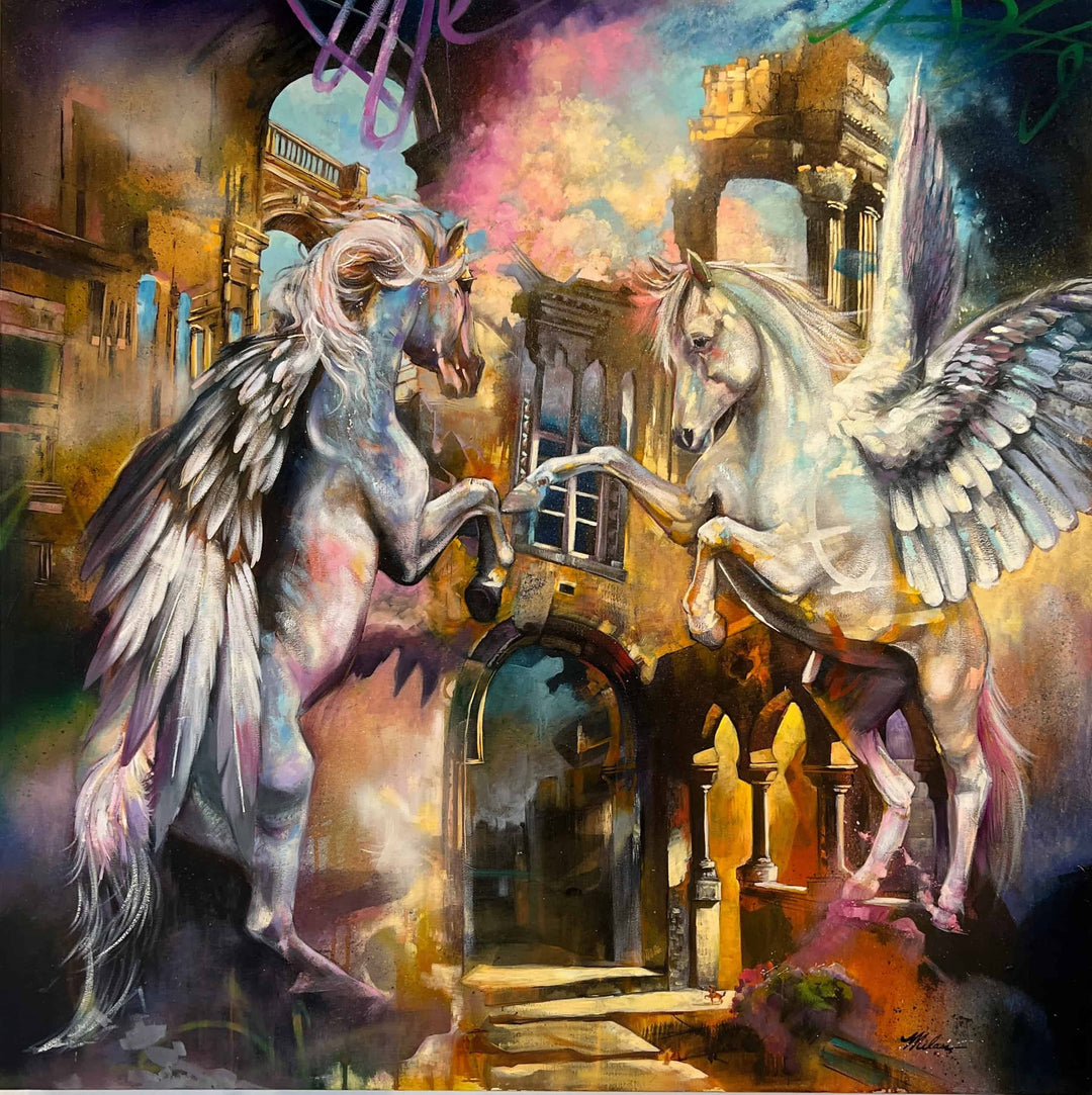 Elli's painting of two pegasuses in front of crumbling ancient structures