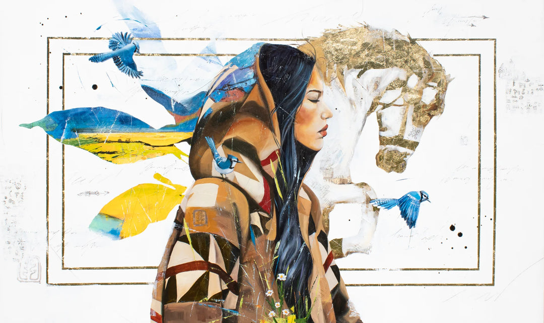 Rita Vicari mixed media artwork with a woman, blue birds, gold linework, and expansive white space.