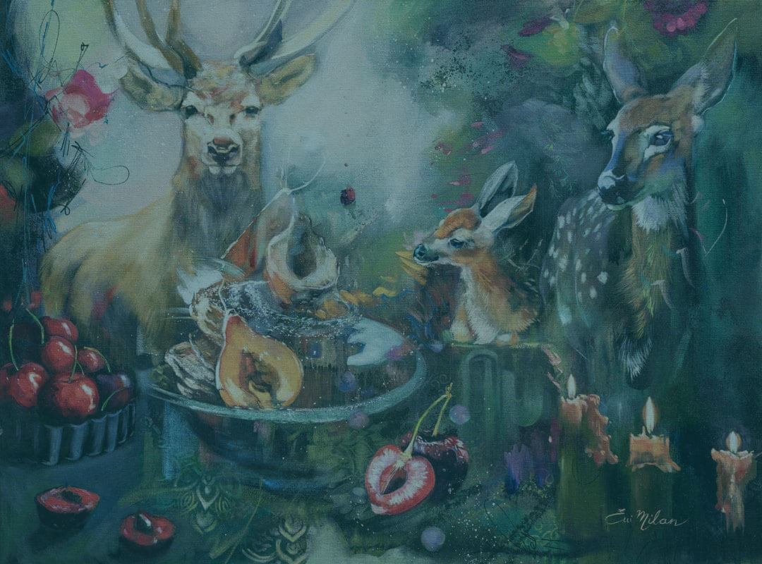 "Return to the Vineyard" Oil painting by Elli Milan of Foxes, grapes, wine, candles and light