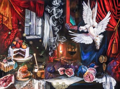"Awakened by the North Wind" Original Oil painting of still life, pomegranates, and sheep by Elli Milan