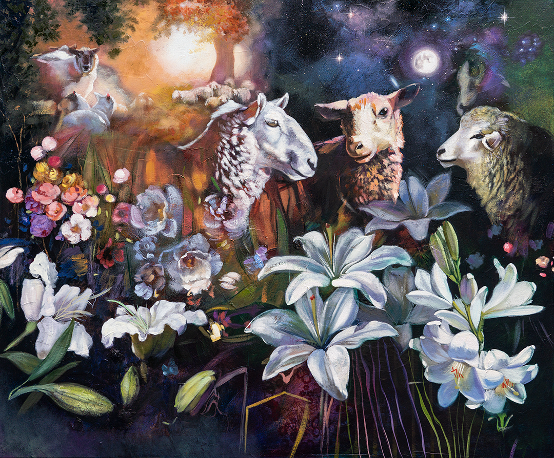 "Browsing Among the Lillies" - Oil Painting by Elli Milan of Sheep, Lillies, the sun and the moon
