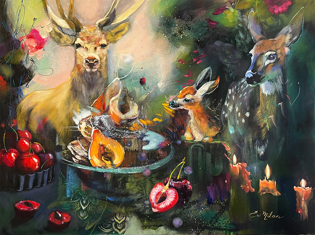"His Raisin Cakes Sustain Me" - original oil painting of deer, candles, cherries, fand fruit by Elli Milan