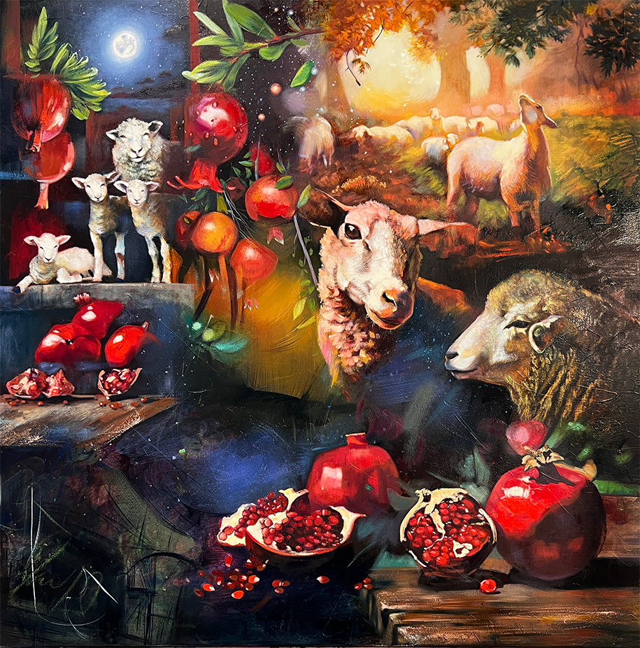 "Awakened by the North Wind" - Original oil painting of a flock of sheep and pomegranates. Still life by Elli Milan
